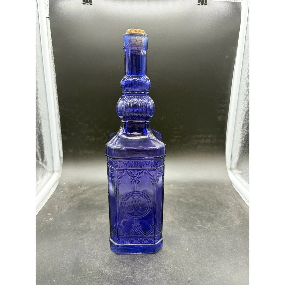 Cobalt Blue Glass Decanter Bottle Embossed Gothic Arch Square Base with Cork